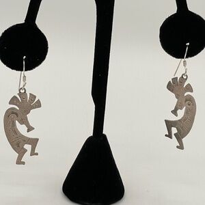Sterling Silver Kokopelli Earrings Dangle 925 Dancer Feathers & Flute
